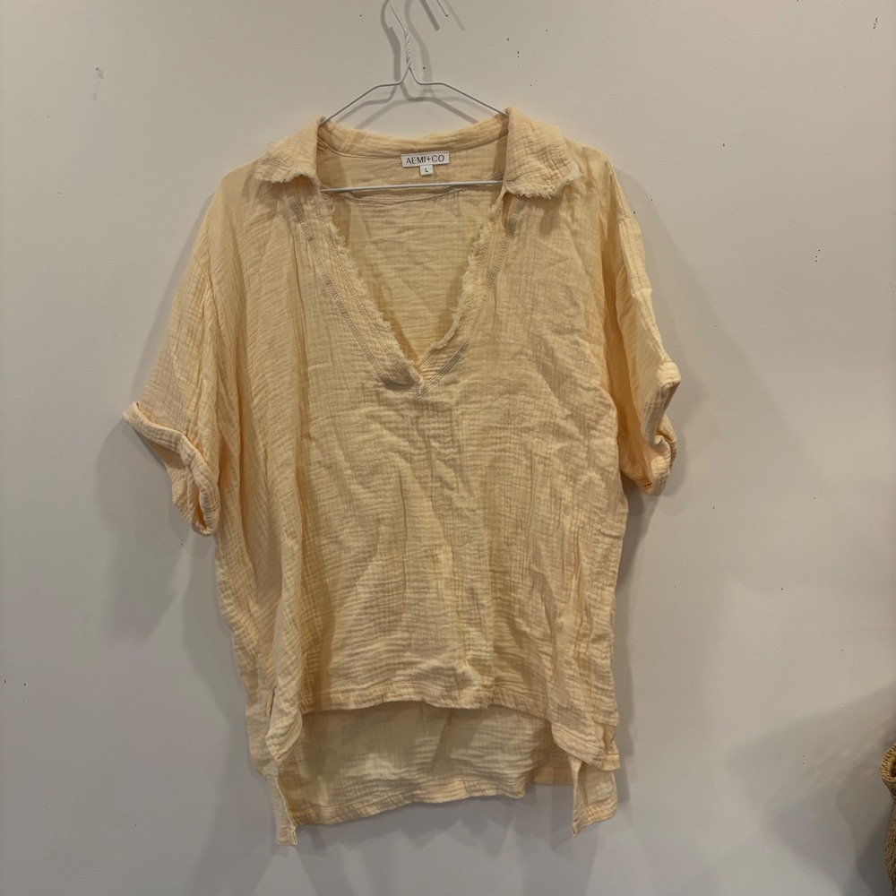 AEMI+CO Womens Yellow Cotton Gauze V-Neck Fringed Short Sleeve Top Large